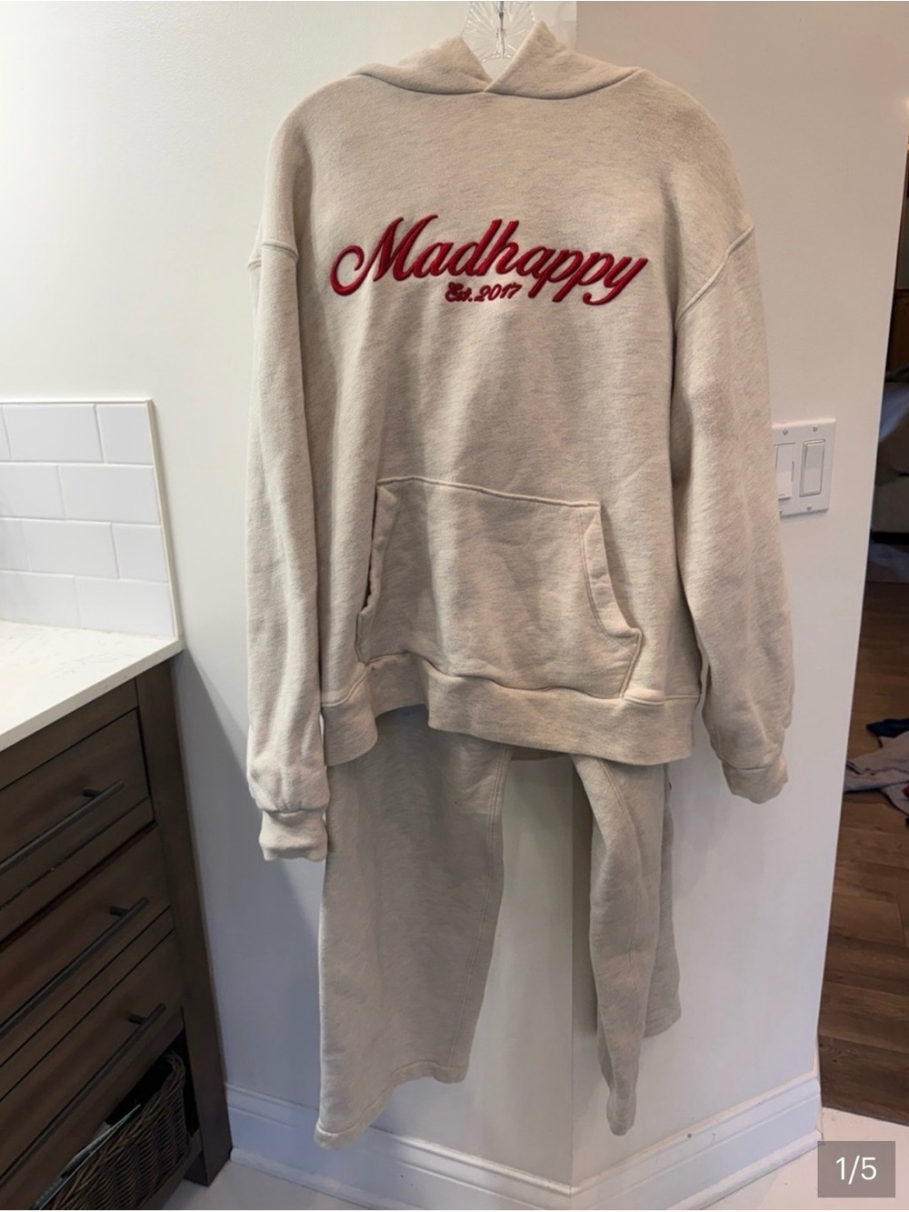 Madhappy Beige Hoodie and Sweatpants Set with Red Script Logo